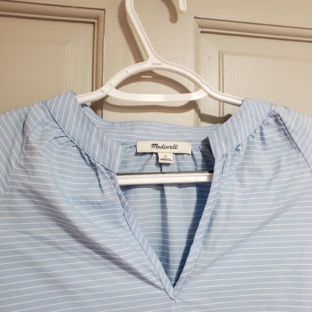 Madewell Blouse Women Size Small Light Blue Striped tie-sleeve popover top - Picture 8 of 12